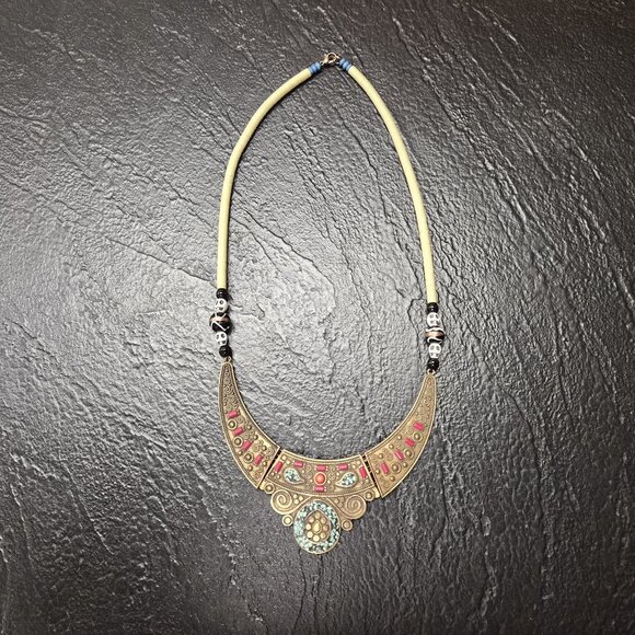 VTG Tribal Brass Crescent Necklace Turquoise Mosaic & Skull Beads Neo-Shamanic - Picture 2 of 3